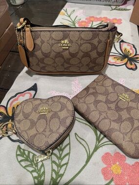 Coach Brown Signature Canvas Mini Crossbody with Heart Coin Pouch & Zip Wallet